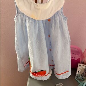 Charming Blue and White Kids Dress with Pumpkin Detail